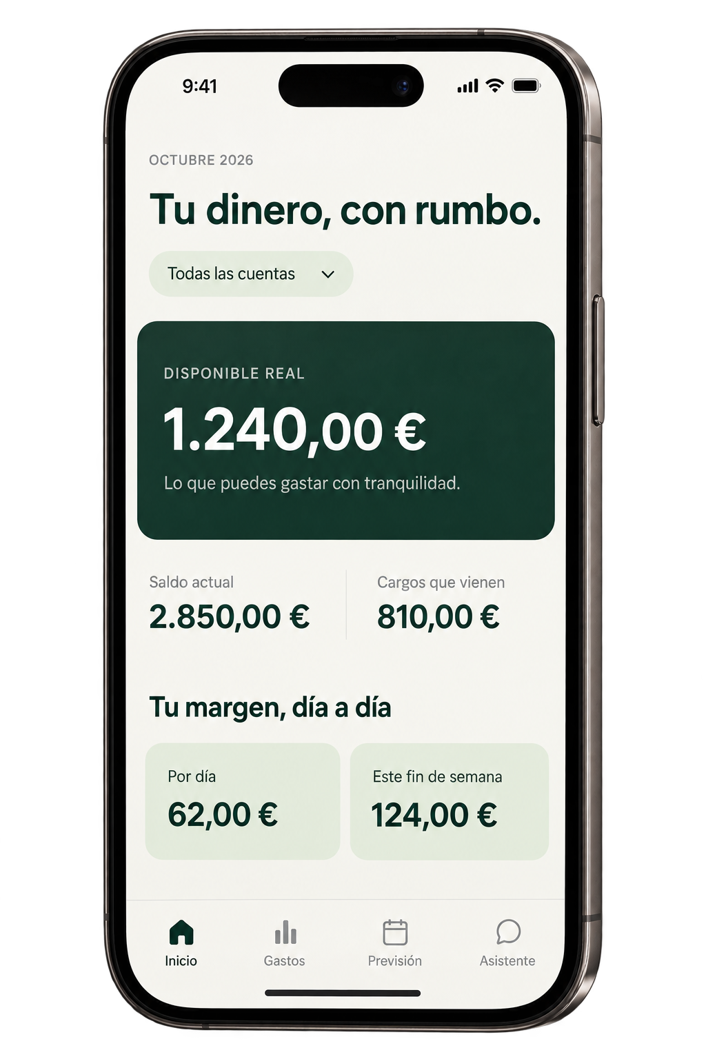 Vista ilustrativa de Control Gastos en un iPhone con datos ficticios